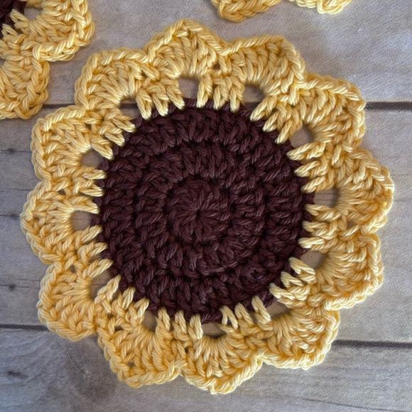 Set of Three Brown Centered Sunflowers Doilies/Coasters 6 Inches With Petals - Picture 5 of 7